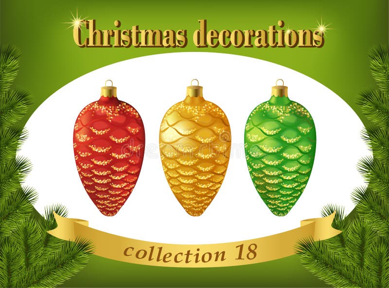 Ökologische, hölzerne Weihnachtsdekorationen Sammlung Rot, Gold und grüne Kegel vektor abbildung Ökologische, hölzerne Weihnachtsdekorationen Sammlung Rot, Gold und grüne Kegel vektor abbildung