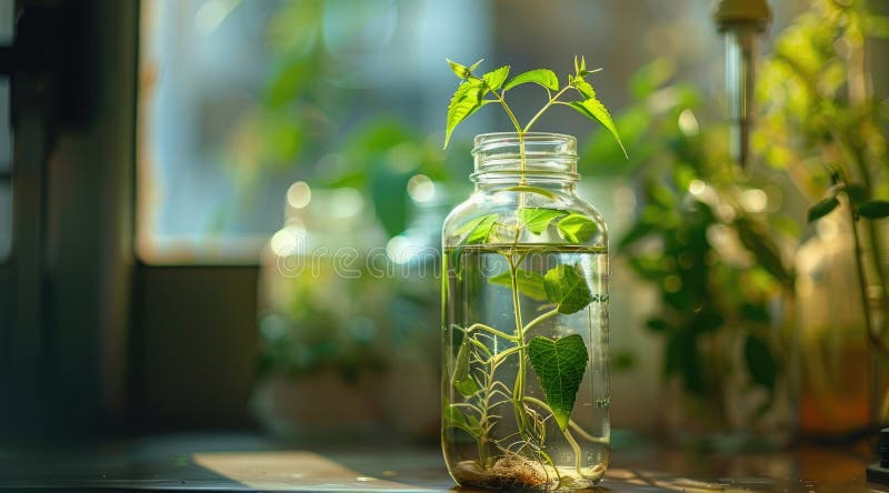 Plant research, green plant in a glass jar in a laboratory. Ecological breeding and plant development. Plant research, green plant in a glass jar in a laboratory. Ecological breeding and plant development.