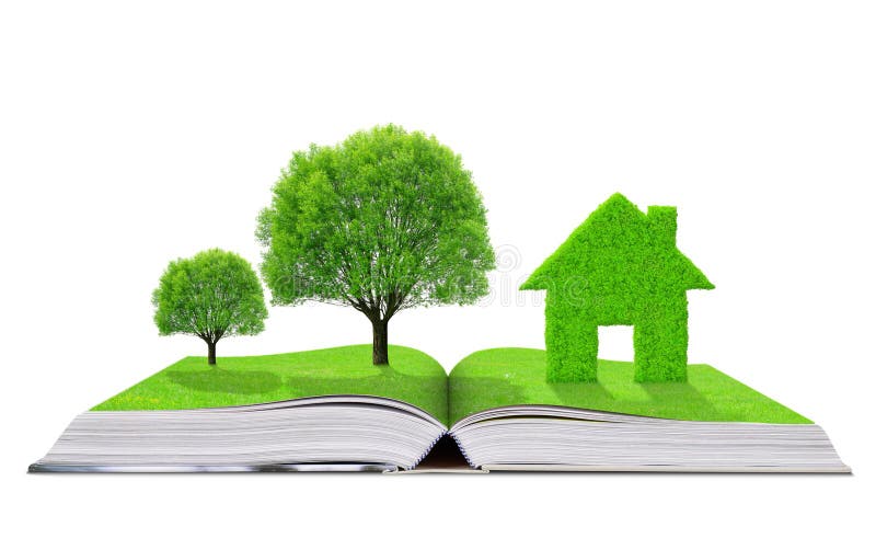 Ökologisches Buch mit Bäumen und Haus lizenzfreie stockbilder Ökologisches Buch mit Bäumen und Haus lizenzfreie stockbilder