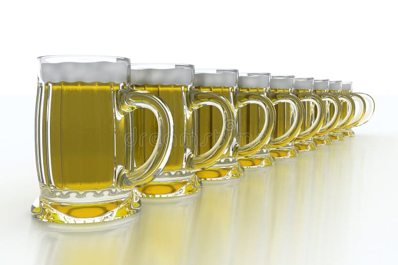 Isolated row of beer mugs. Isolated row of beer mugs