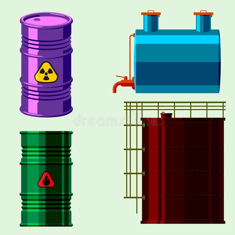 Stack different oil drums fuel container liquid cask storage object. Rows of steel barrels capacity tanks. Natural metal old oil bowels chemical vessel vector set. Stack different oil drums fuel container liquid cask storage object. Rows of steel barrels capacity tanks. Natural metal old oil bowels chemical vessel vector set.