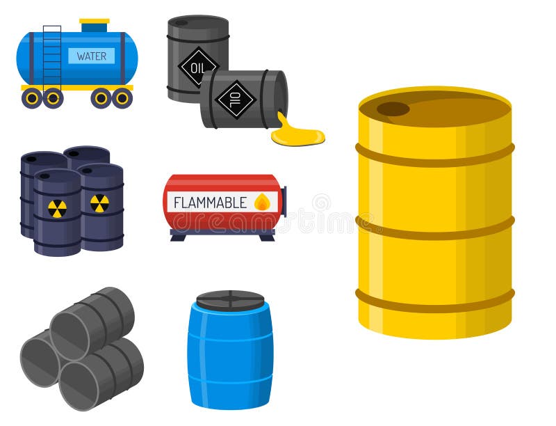 Stack different oil drums fuel container liquid cask storage object. Rows of steel barrels capacity tanks. Natural metal old oil bowels chemical vessel vector set. Stack different oil drums fuel container liquid cask storage object. Rows of steel barrels capacity tanks. Natural metal old oil bowels chemical vessel vector set.