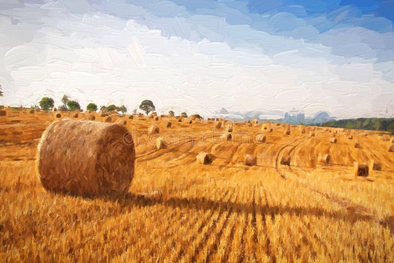 Ölgemäldesommerlandschaft - Heuballen auf dem Feld nach Ernte vektor abbildung Ölgemäldesommerlandschaft - Heuballen auf dem Feld nach Ernte vektor abbildung