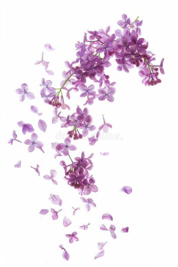 ömtåliga lilalika blommor faller lätt mot en vit bakgrund och skapar en stark och elegant sammansättning royaltyfri illustrationer
