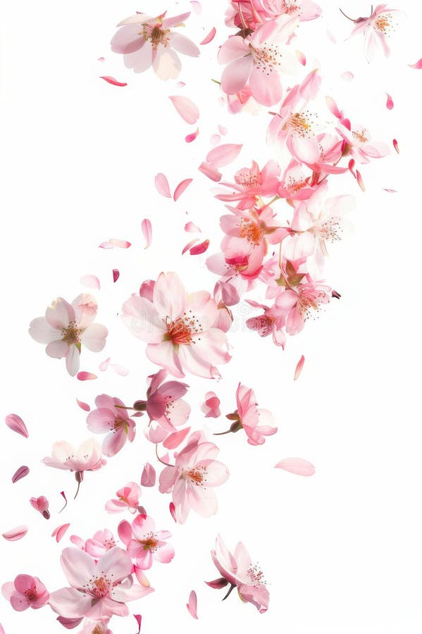 ömtåliga rosa blommor med petaler som försiktigt faller och skapar en fridfull och fredlig atmosfär på vit bakgrund royaltyfri illustrationer