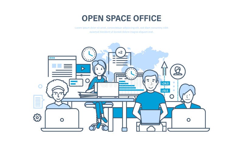 Öppet utrymmekontor inre lokal Samarbete partnerskap, teamwork vektor illustrationer Öppet utrymmekontor inre lokal Samarbete partnerskap, teamwork vektor illustrationer