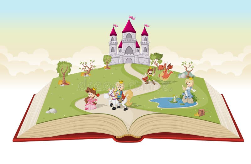 Öppna boken med tecknad filmprinsessor och prinsar