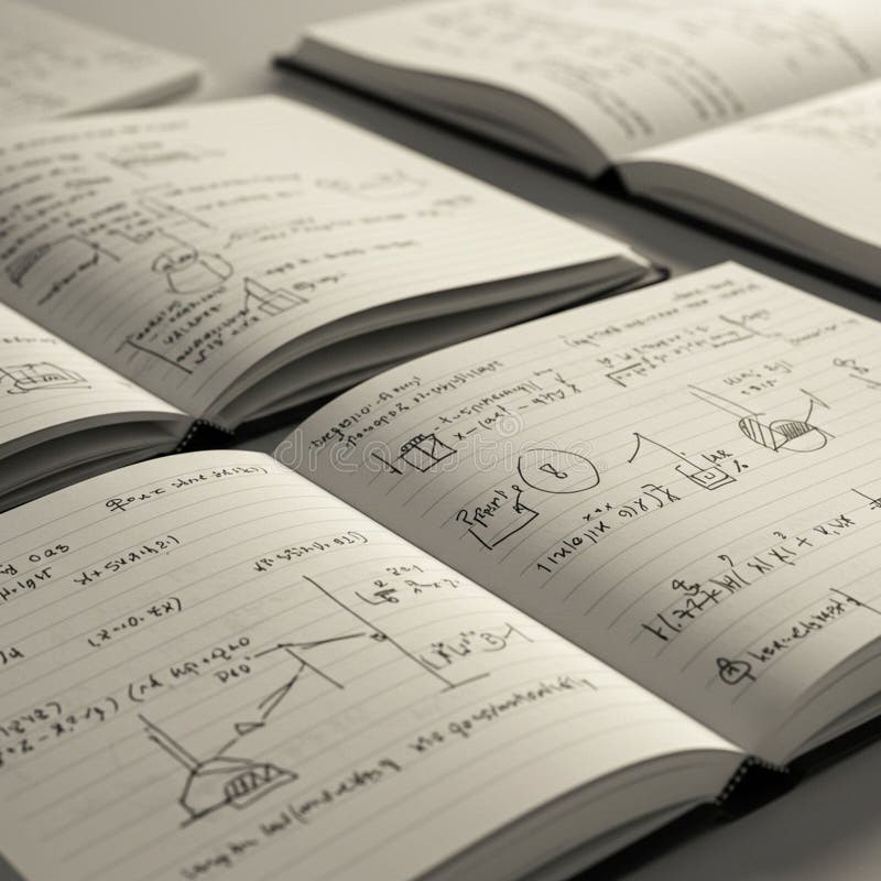 Öppna bärbara datorer fyllda med matematiska ekvationer och diagram. Sidor är inbäddade vektor illustrationer