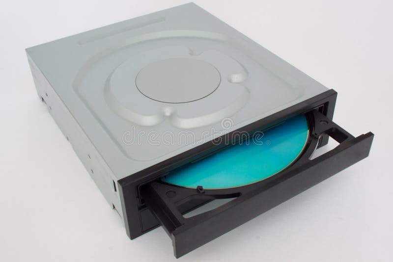 Öppnad CD - DVD-drev med en svart lock- och blåttskiva royaltyfria foton Öppnad CD - DVD-drev med en svart lock- och blåttskiva royaltyfria foton