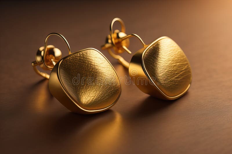 örhängen av guld på en solid bakgrund som är nära. ai generativ royaltyfri illustrationer