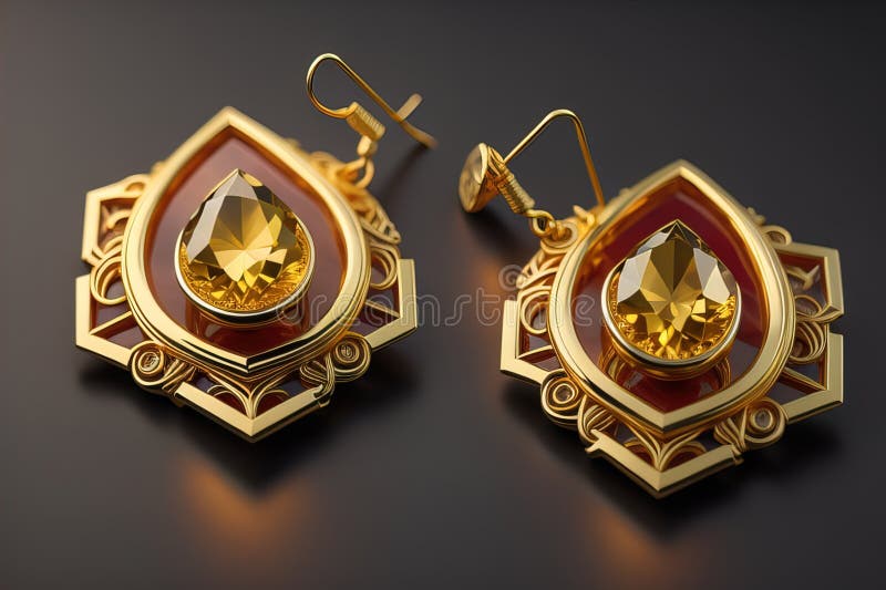 örhängen av guld på en solid bakgrund som är nära. ai generative royaltyfri illustrationer