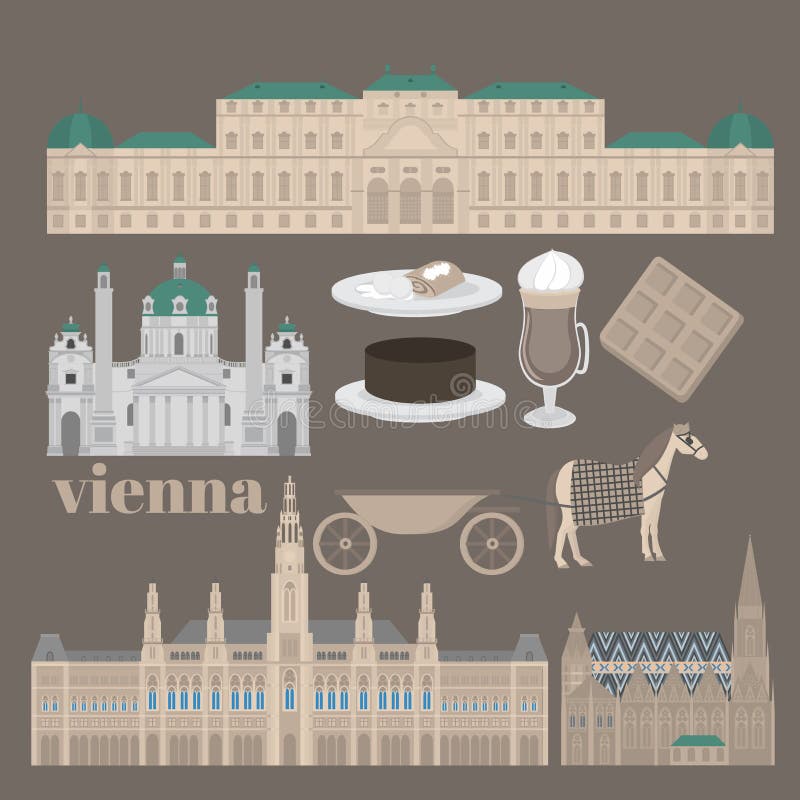 Österrikiska stadssikt i Wien Beståndsdelar Stephansdom, Karlskirche, Belvederepala för arkitektur för för Österrike gränsmärkelo stock illustrationer Österrikiska stadssikt i Wien Beståndsdelar Stephansdom, Karlskirche, Belvederepala för arkitektur för för Österrike gränsmärkelo stock illustrationer