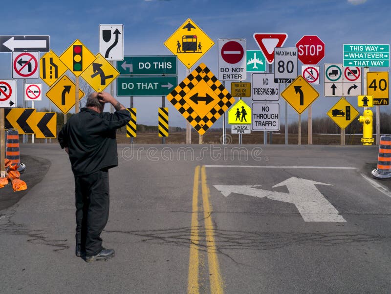 Man standing on roadway in front of a birage of signs. Confused of what to do, where to go, being told what to do. Man standing on roadway in front of a birage of signs. Confused of what to do, where to go, being told what to do.