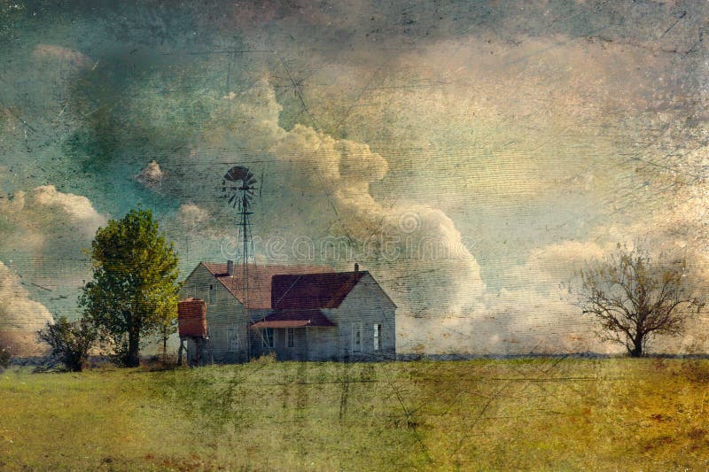 Övergav Texas Hill Country Farmhouse med det ensamma trädet arkivfoto