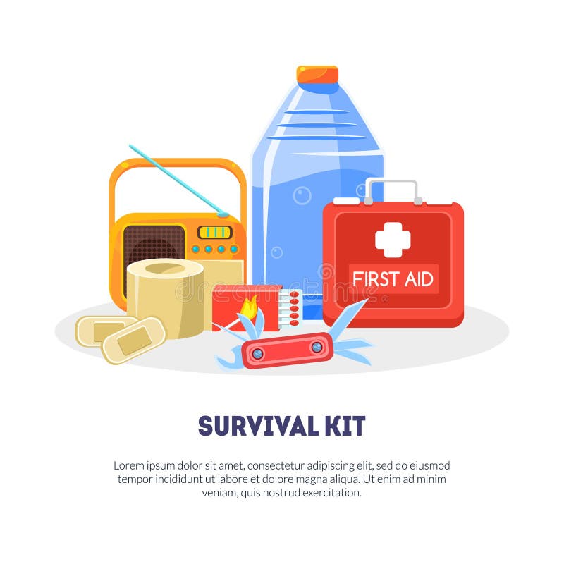 Överlevnad Kit Banner Template med utrymme för text, loppnödvändigheter, första hjälpensats, radio, flaska av vatten, radio, ask