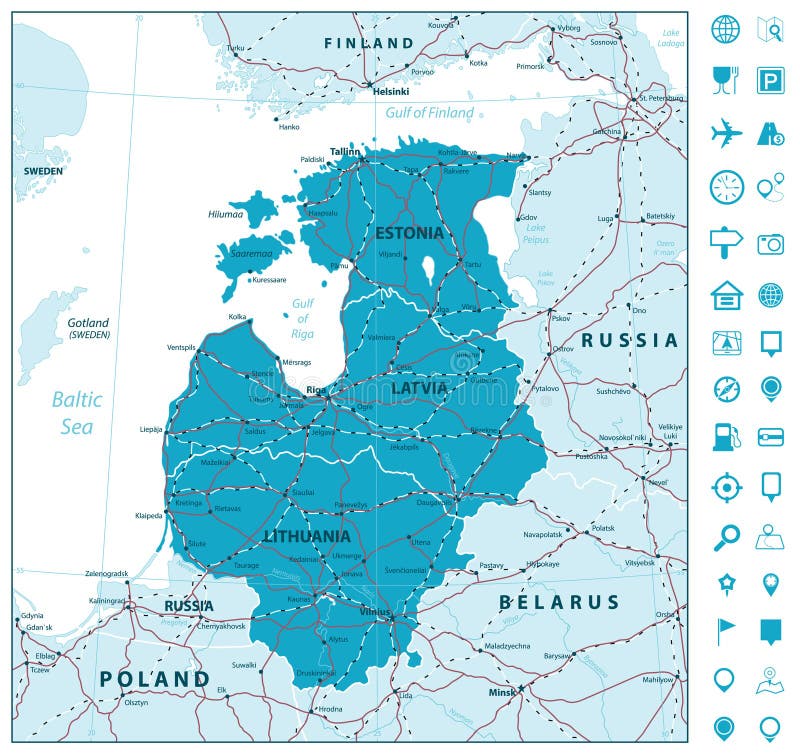 Översikt av baltiska staterna med vägar och navigeringsymboler