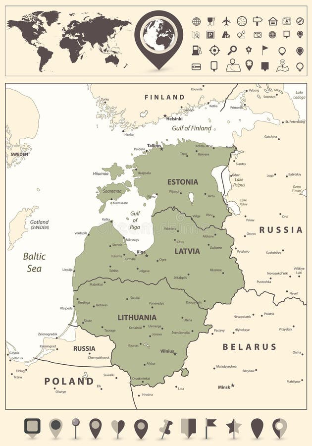 Översikt av baltiska staterna och världskartan med navigeringsymbolen