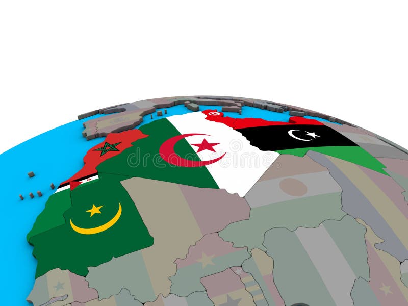 Översikt av den Maghreb regionen med flaggor på jordklotet royaltyfri illustrationer Översikt av den Maghreb regionen med flaggor på jordklotet royaltyfri illustrationer