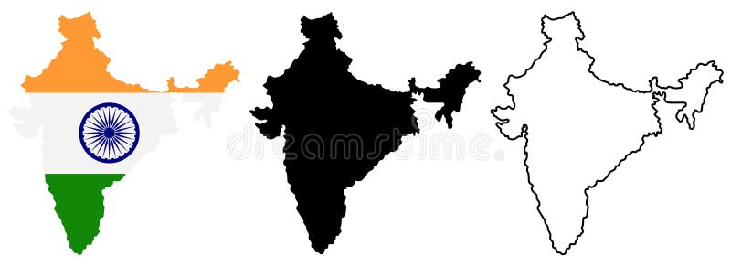 Översikt av Indien i olik stil: färgat med den indiska nationsflaggan inom, den svarta konturn och kontur vektor royaltyfri illustrationer Översikt av Indien i olik stil: färgat med den indiska nationsflaggan inom, den svarta konturn och kontur vektor royaltyfri illustrationer