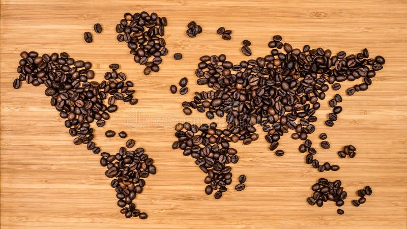 Översikt av världen som göras av kaffebönor arkivfoton Översikt av världen som göras av kaffebönor arkivfoton