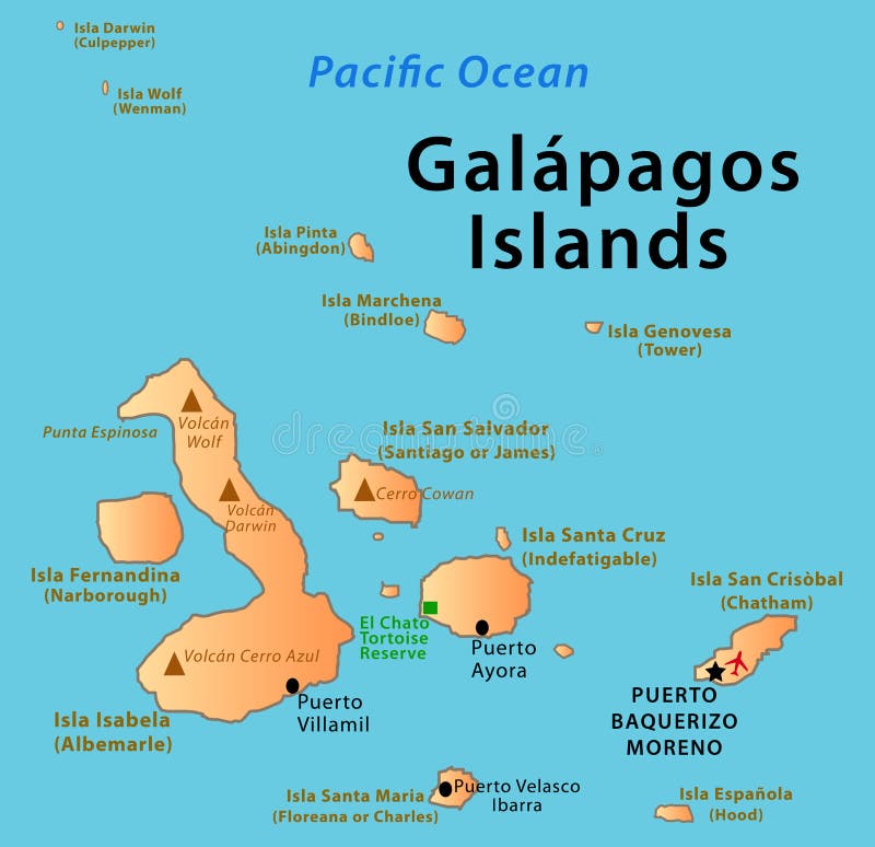 Illustration of the map of Galapagos Islands. Featuring volcanos, El Chato Tortoise Reserve and main cities and islands. Illustration of the map of Galapagos Islands. Featuring volcanos, El Chato Tortoise Reserve and main cities and islands.