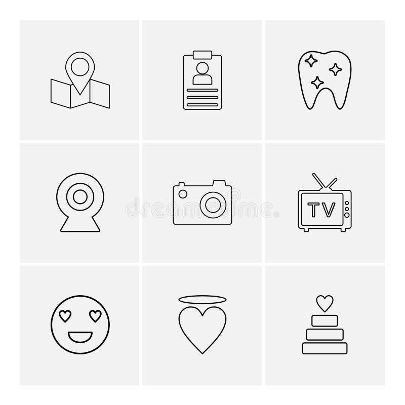 översikt navigering, tänder, kamera, tv, hjärta, emoji, kaka, royaltyfri illustrationer översikt navigering, tänder, kamera, tv, hjärta, emoji, kaka, royaltyfri illustrationer