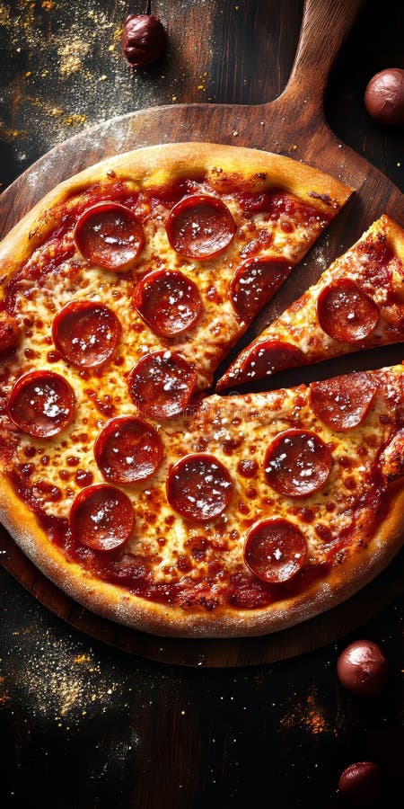 Översikt över skivat pepperoni Pizza A Delicious Culinary Delight på Rustic Wooden Table royaltyfri illustrationer