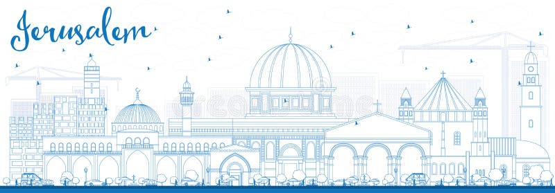 ÖversiktsJerusalem horisont med blåa byggnader royaltyfri illustrationer ÖversiktsJerusalem horisont med blåa byggnader royaltyfri illustrationer