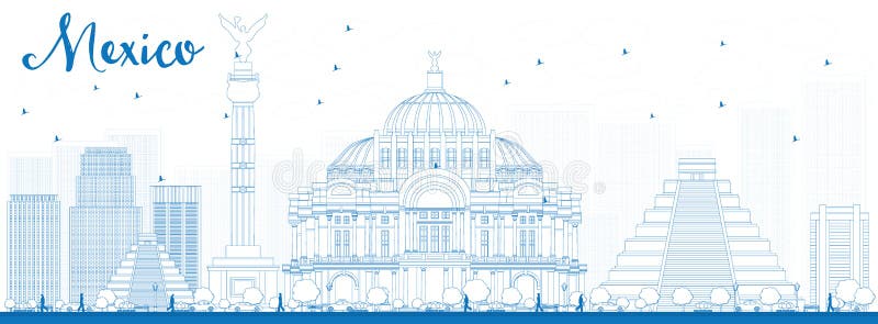 ÖversiktsMexico horisont med blåa gränsmärken stock illustrationer ÖversiktsMexico horisont med blåa gränsmärken stock illustrationer