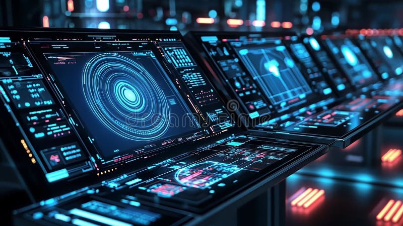 Övervakning av det framtida kontrollrummet som visar dataanalys på flera skärmar stock illustrationer