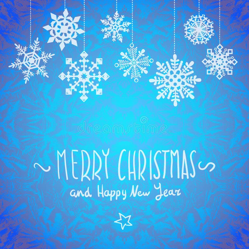 Övervintra kortet för glad jul med snöflingor, vektorillustration