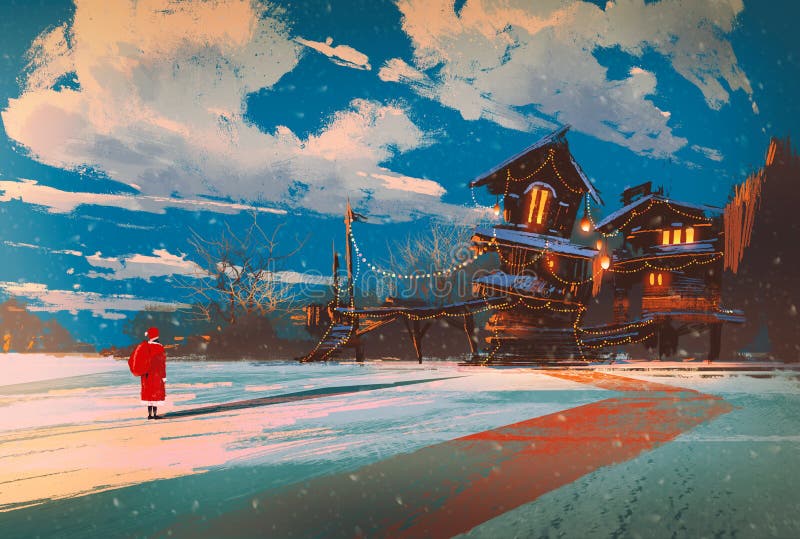Winter landscape with wooden house at Christmas night,illustration painting. Winter landscape with wooden house at Christmas night,illustration painting