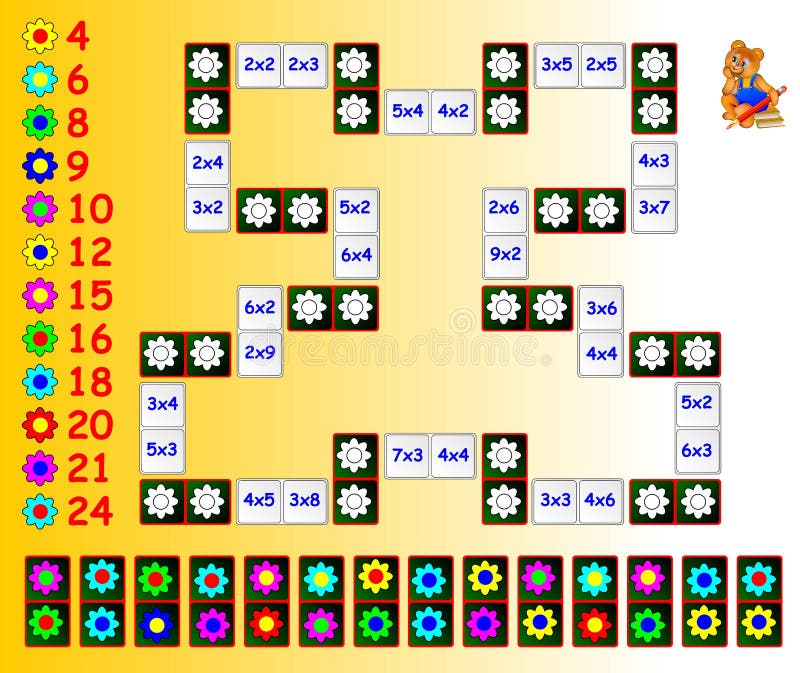 Övning för barn med multiplikation Måla blommorna på motsvarande färger genom att använda det resterande dominot Behov att stänga stock illustrationer Övning för barn med multiplikation Måla blommorna på motsvarande färger genom att använda det resterande dominot Behov att stänga stock illustrationer