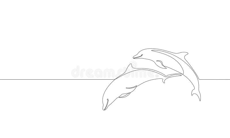 Single continuous line art marine dolphin swim jump silhouette. Nature ocean ecology life environment concept. Big sea wave design one sketch outline drawing vector illustration art. Single continuous line art marine dolphin swim jump silhouette. Nature ocean ecology life environment concept. Big sea wave design one sketch outline drawing vector illustration art