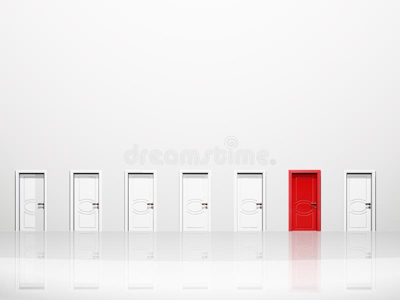 Single red door in huge white wall in white space. Single red door in huge white wall in white space