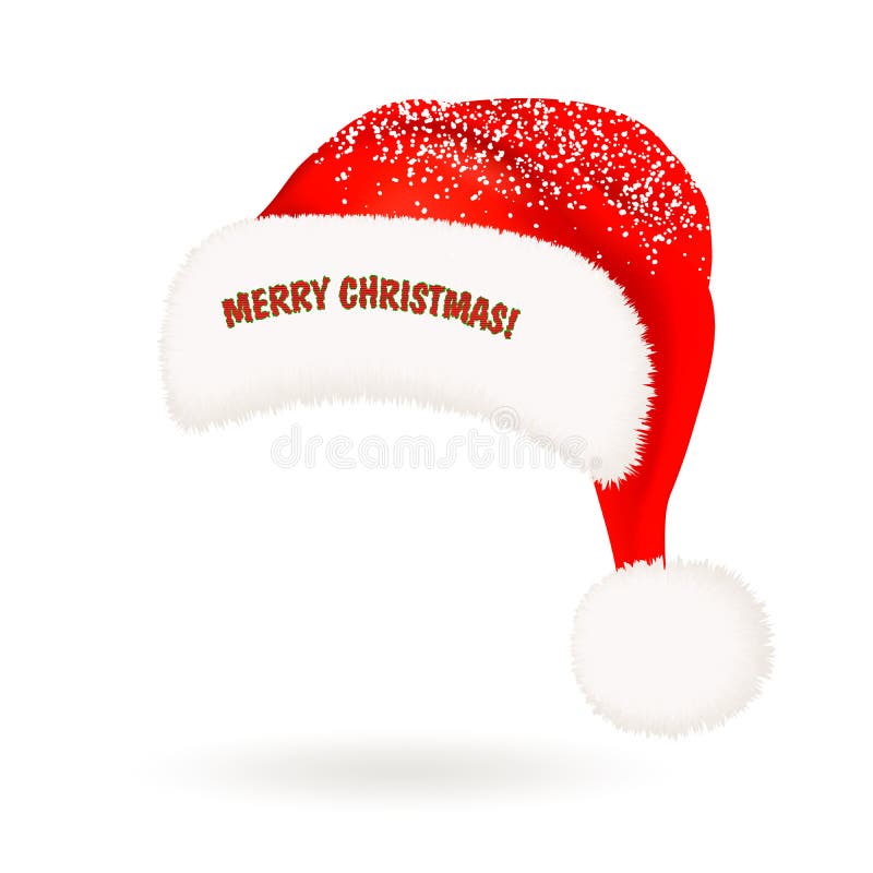 Único chapéu vermelho realístico de Santa Claus com o pompon macio da pele, neve e Feliz Natal do cumprimento isolado no fundo br ilustração royalty free Único chapéu vermelho realístico de Santa Claus com o pompon macio da pele, neve e Feliz Natal do cumprimento isolado no fundo br ilustração royalty free