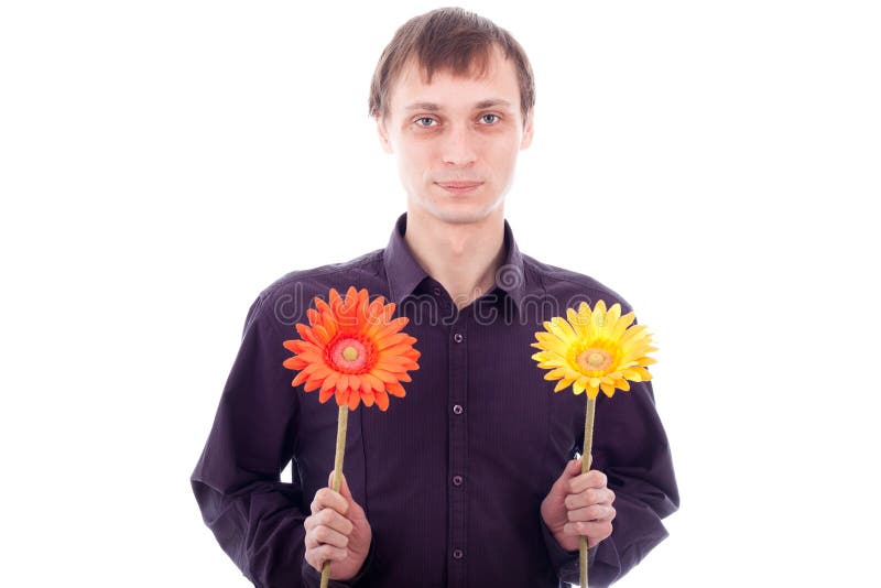 Single man holding two flowers, isolated on white background. Single man holding two flowers, isolated on white background.