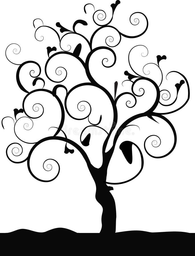 A single silhouette of a tree with lots of swirls on a white background. A single silhouette of a tree with lots of swirls on a white background