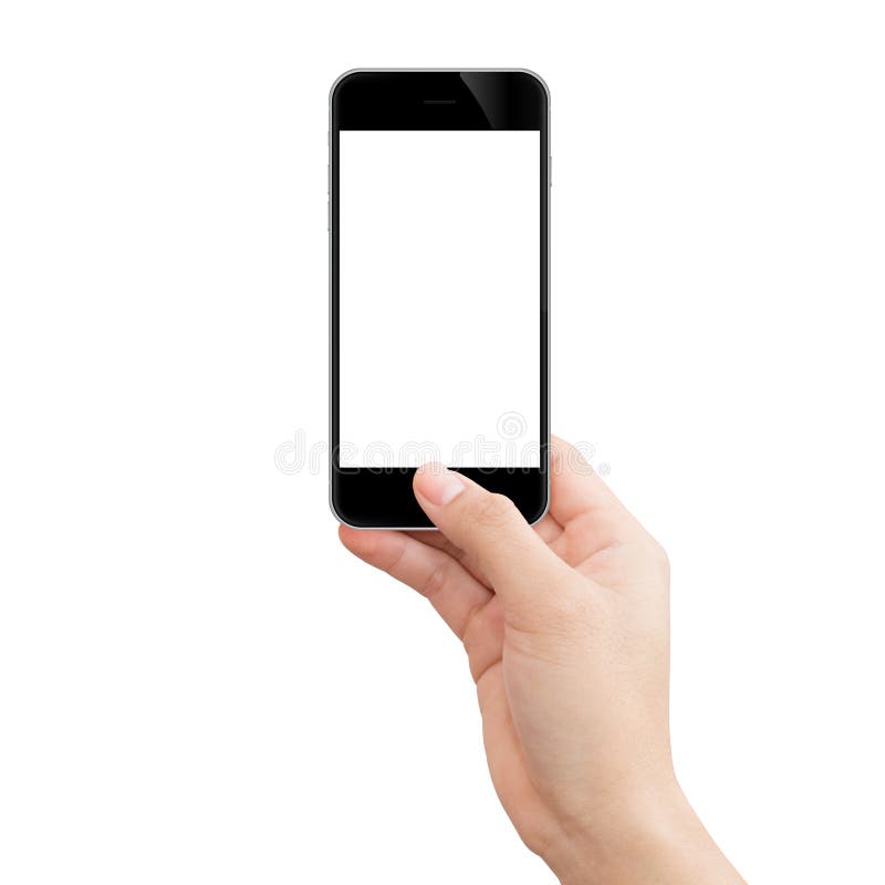 Übergeben Sie das Halten des schwarzes Telefon lokalisierten Beschneidungspfads innerhalb des ima lizenzfreie stockbilder