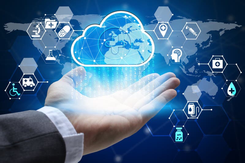 Übergeben Sie das Halten mit der rechnenden und medizinischen Wolke des virtuellen Schirmes und stockbild