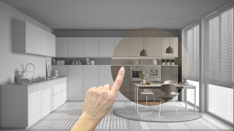 Übergeben Sie das Zeigen der Innenprojektplanung, Hauptprojektdetail und entscheiden auf den Räumen, die Konzept, moderner Küchen stockfoto Übergeben Sie das Zeigen der Innenprojektplanung, Hauptprojektdetail und entscheiden auf den Räumen, die Konzept, moderner Küchen stockfoto