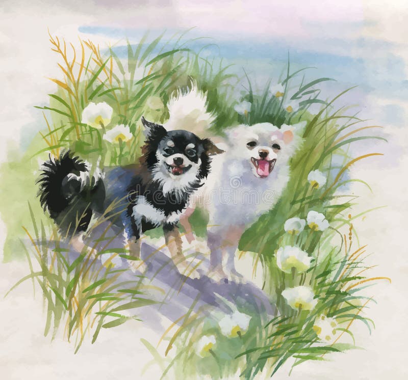 Übergeben Sie gezogene Hunde auf der Natur, Aquarellillustration lizenzfreie abbildung Übergeben Sie gezogene Hunde auf der Natur, Aquarellillustration lizenzfreie abbildung
