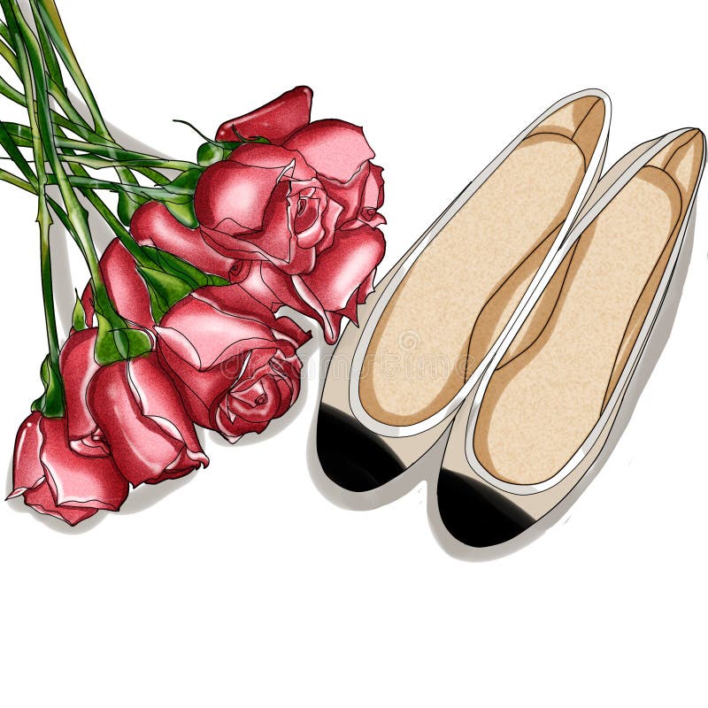 Übergeben Sie gezogene Mode-Illustration - Rose Bouquet und ein Paar von den Ballerinaschuhen stock abbildung Übergeben Sie gezogene Mode-Illustration - Rose Bouquet und ein Paar von den Ballerinaschuhen stock abbildung