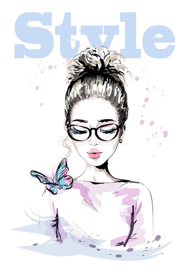 Hand drawn beautiful young woman with colorful butterfly. Fashion woman with stylish hairstyle. Cute girl in eyeglasses. Sketch. Hand drawn beautiful young woman with colorful butterfly. Fashion woman with stylish hairstyle. Cute girl in eyeglasses. Sketch.