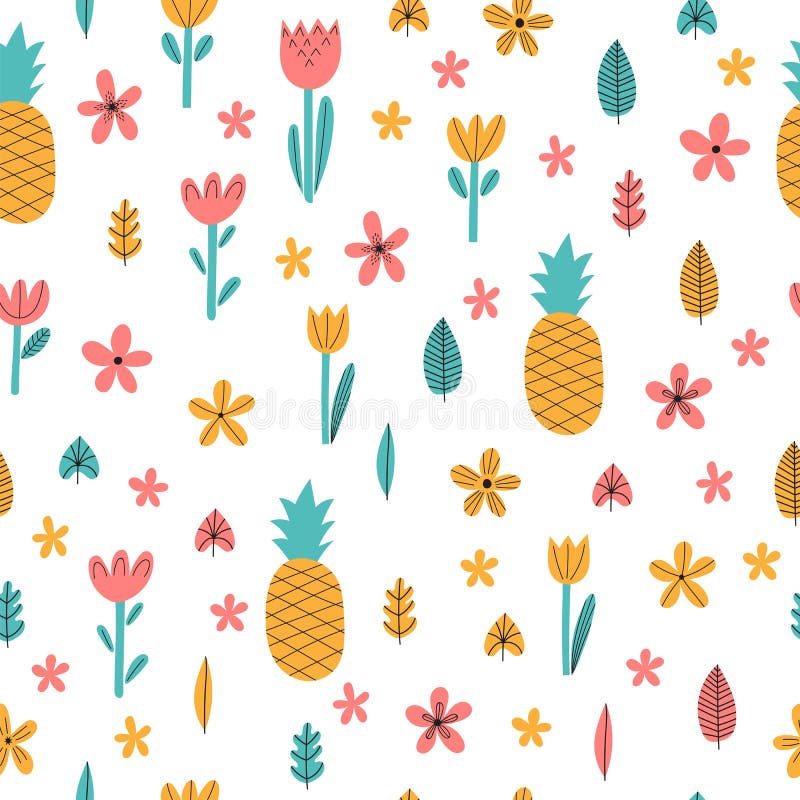 Übergeben Sie nahtloses Muster des gezogenen Sommers mit Blumen und Ananas Netter tropischer kindischer Hintergrund Stilvolle dek stock abbildung Übergeben Sie nahtloses Muster des gezogenen Sommers mit Blumen und Ananas Netter tropischer kindischer Hintergrund Stilvolle dek stock abbildung