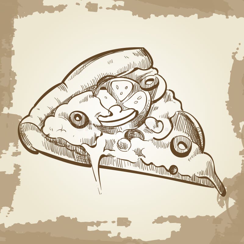Übergeben Sie skizzierte Pizza auf Weinleseschmutzhintergrund - Schnellimbissplakat lizenzfreie abbildung Übergeben Sie skizzierte Pizza auf Weinleseschmutzhintergrund - Schnellimbissplakat lizenzfreie abbildung