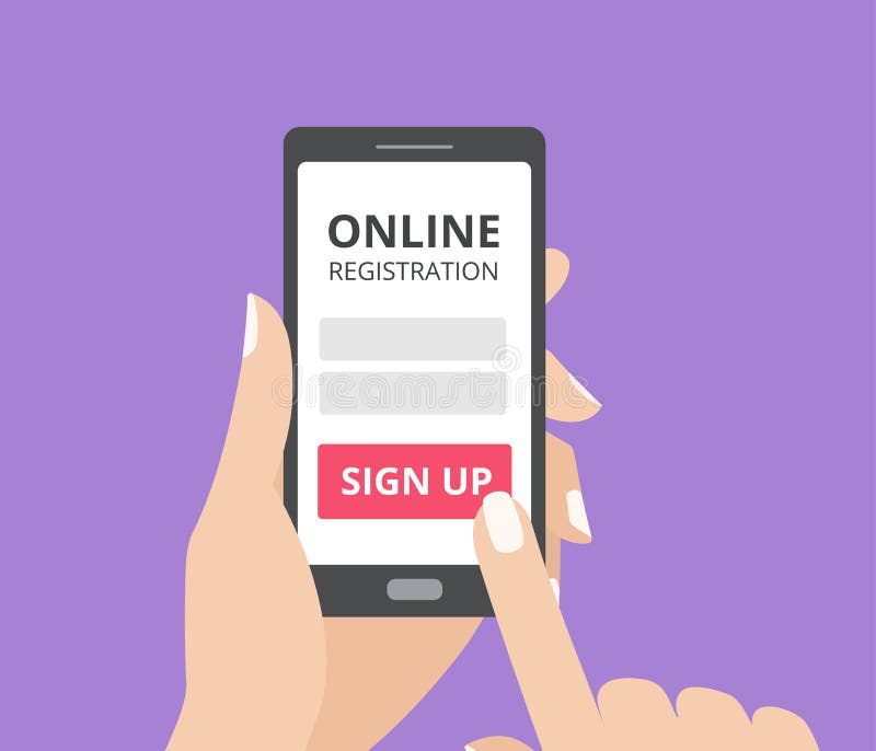 Hand holding smart phone and touching the screen with online registration form and sign up button. User login mobile application flat design concept. Hand holding smart phone and touching the screen with online registration form and sign up button. User login mobile application flat design concept.