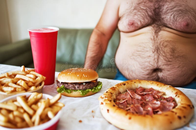 Übergewichtiger Mann mit Fast Food-Gericht Burger Pizza Pizza trinken. stockbilder