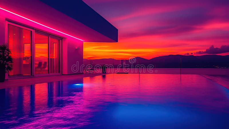 Überlaufpool auf der Dachterrasse Modernes Heim, lebhafter Sonnenuntergang, entspannender Abend vektor abbildung