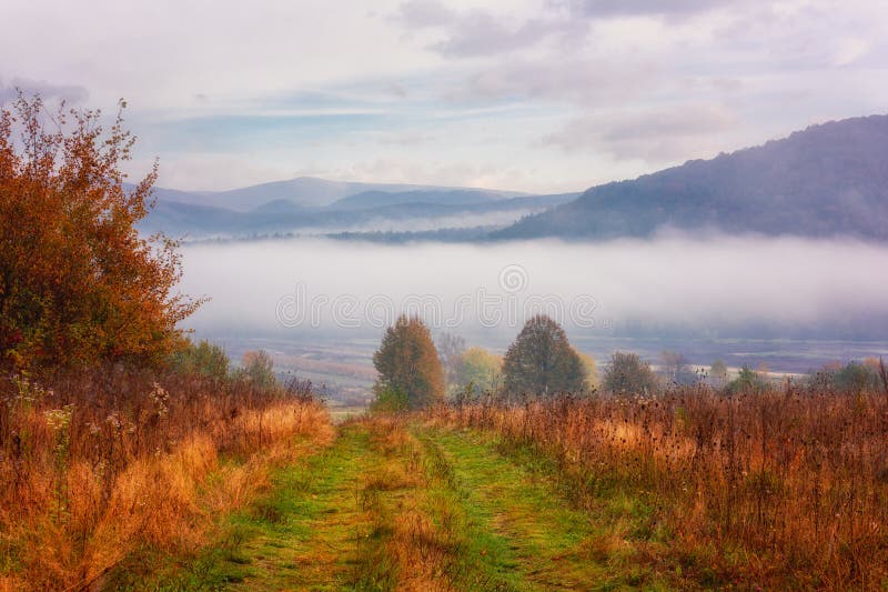 Überraschende Natur, szenische Herbstlandschaft mit nebelhaften Bergen, buntes herbstliches Gras und Bäume und blauer Himmel mit lizenzfreies stockbild Überraschende Natur, szenische Herbstlandschaft mit nebelhaften Bergen, buntes herbstliches Gras und Bäume und blauer Himmel mit lizenzfreies stockbild